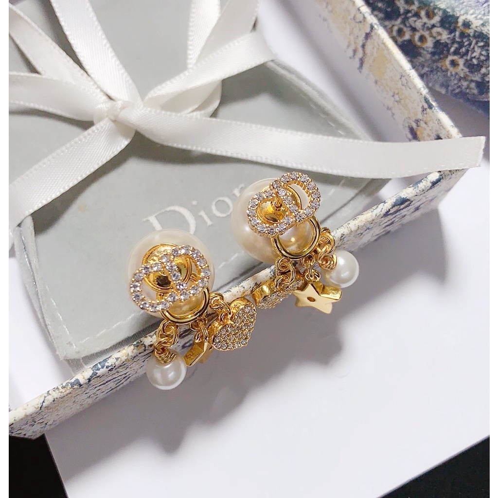 Bông Tai Dior Hình Trái Tim Đính Ngọc Trai Kim Cương Nhân Tạo Thanh Lịch Thời Trang