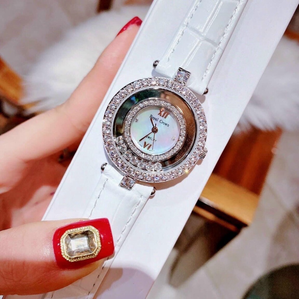 Đồng hồ nữ ROYAL CROW dây da mặt đính đá thời thượng hot trend thời trang giới trẻ, chống nước , bảo hành 12 tháng