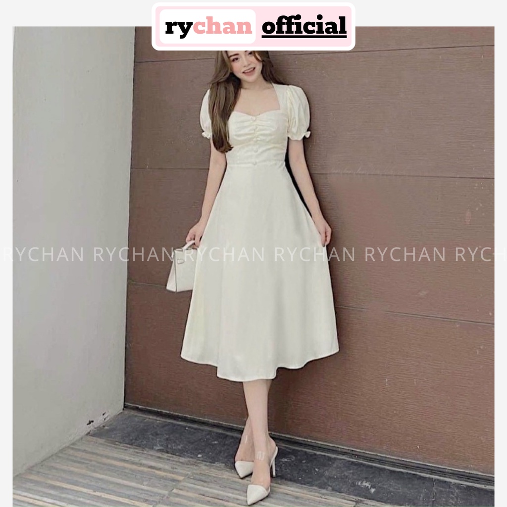 Đầm Nữ Dự Tiệc Dáng Xòe Nhúng Ngực Nút Bọc Tay Phồng Bo Thắt Eo Cực Thanh Lịch Màu Trắng Nude [ẢNH THẬT CUỐI] - DX9883