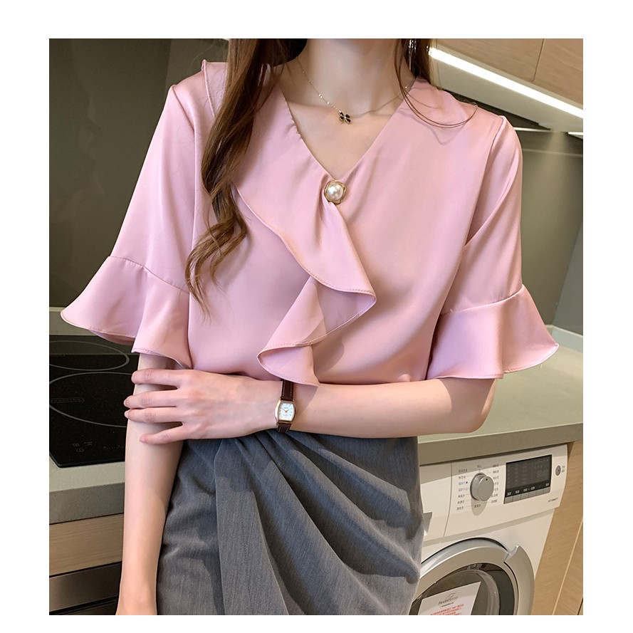 Korean Elegant Ruffle V Neck Casual Blouse Women Summer Flare Short Sleeve Shirt Yellow White Pink | BigBuy360 - bigbuy360.vn