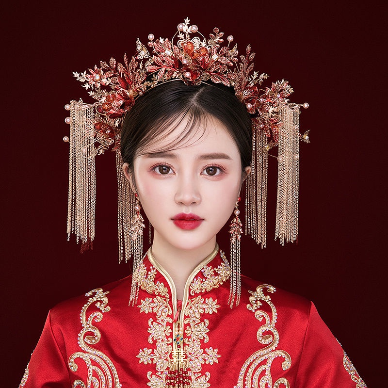 Xiuhe quần áo mũ cưới cô dâu tua bước lắc vương miện phượng hoàng không khí phong cách Trung Quốc đám cưới bầu không khí đơn giản hiển thị kimono phụ kiện tóc6.11