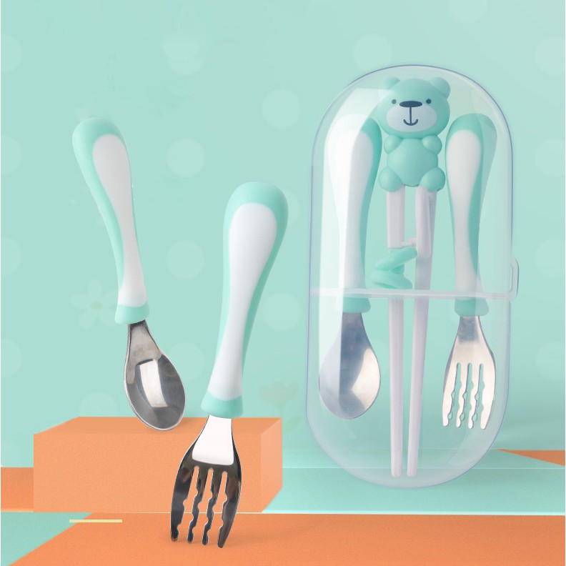 Bộ Thìa Đũa Tập Ăn Cho Bé, Combo Bộ Ba Món Thìa, Đũa, Dĩa Cao Cấp Mee Baby, Hàng Chính Hãng