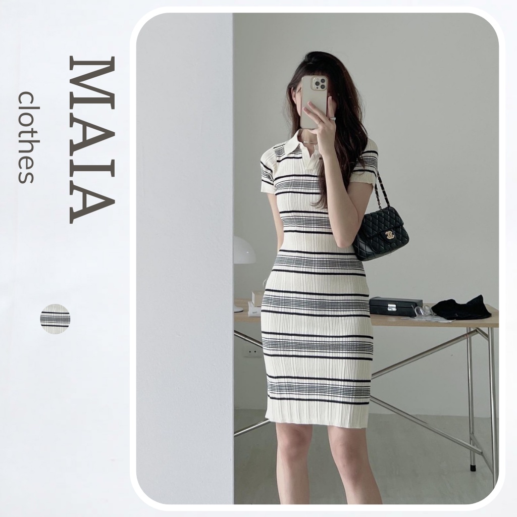 Váy đầm dáng dài len tăm co giãn cổ bẻ họa tiết kẻ ngang ôm body ngắn tay Maia.clothes