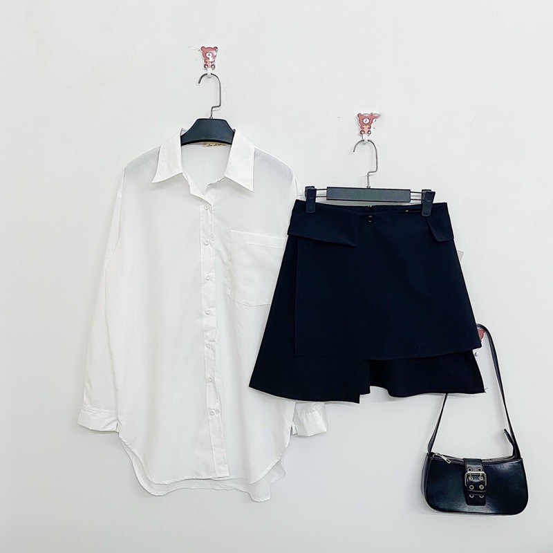 Set Đồ JIKO SET gồm chân váy đen và áo sơ mi trắng mặc được 2 kiểu form chuẩn