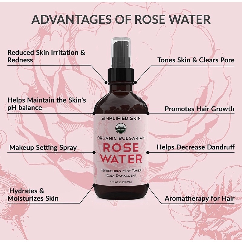 Nước hoa hồng Rose water organic Bulgary 100% nguyên chất Simplified Skin 120ml USA
