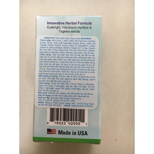 [ HÀNG NHẬP KHẨU] Shavimax - Viên uống bổ mắt của Mỹ lọ 30 viên