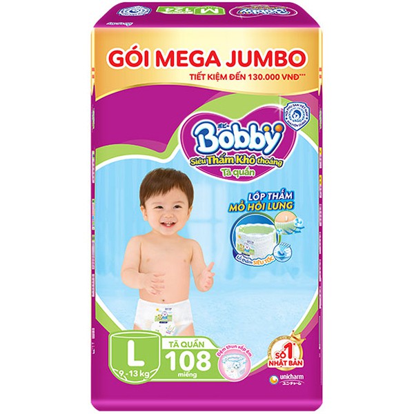 Tã/bỉm quần Bobby gói Mega Jumbo M120/L104/XL92/XXL84/L104+12/XL92+12