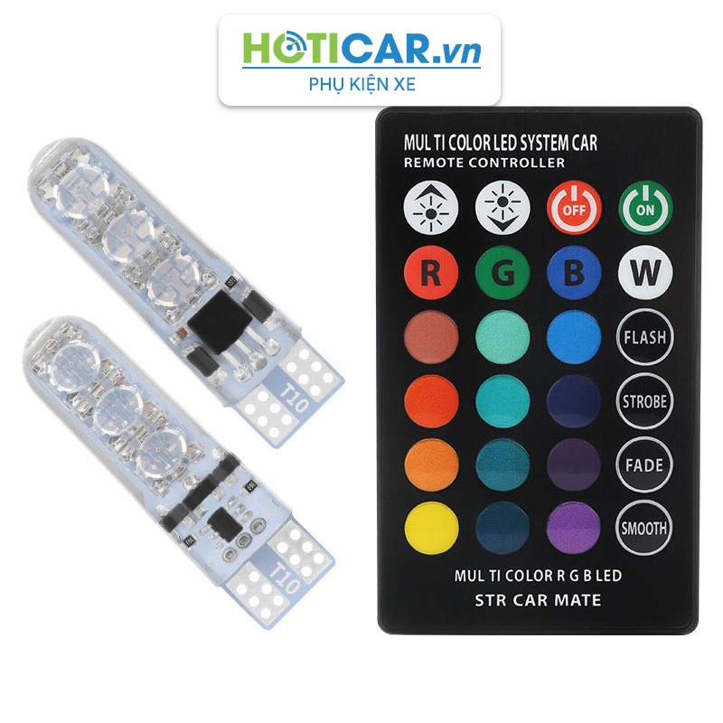 Bộ 2 đèn LED demi, Đèn trần, Đèn cốp, Đèn đồng hồ taplo T10 đổi màu RGB kèm điều khiển T10RGB