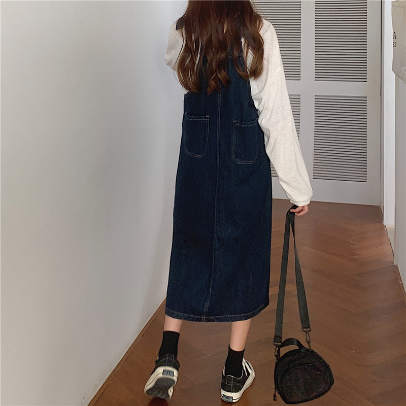 Xiaozhainv Đầm Yếm Denim Form Rộng Phong Cách Retro Hàn Quốc Cho Nữ