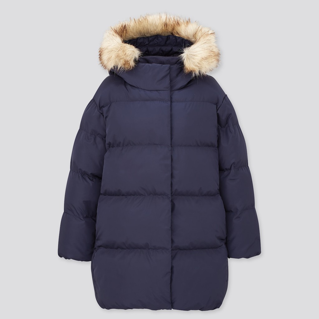 (UNIQLO Nhật chính hãng) GIRL- Áo khoác phao dáng dài có mũ lông tháo rời của UNIQLO trẻ em- GIRL WARM PADDED COAT