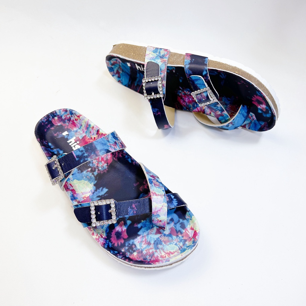 Dép Đế Trấu Nam Nữ Birken Xỏ Ngón 2 Khóa Da Bò In Họa Tiết 3D Hishoo L098