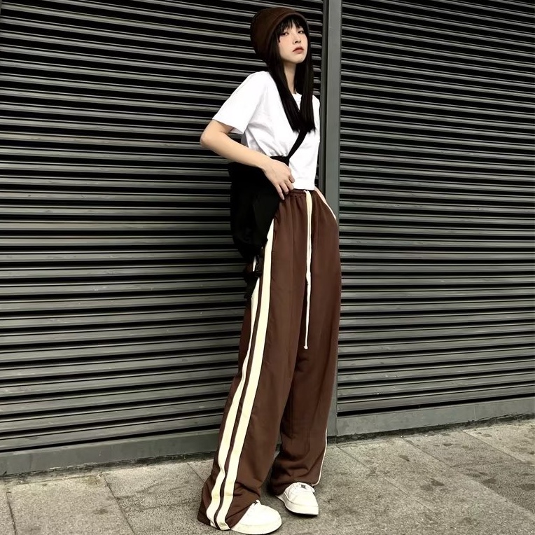 quần ống rộng nam Quần Thể Thao Ống Rộng Lưng Cao Họa Tiết Kẻ Sọc Phong Cách Hàn Quốc Thời Trang Cho Nữ