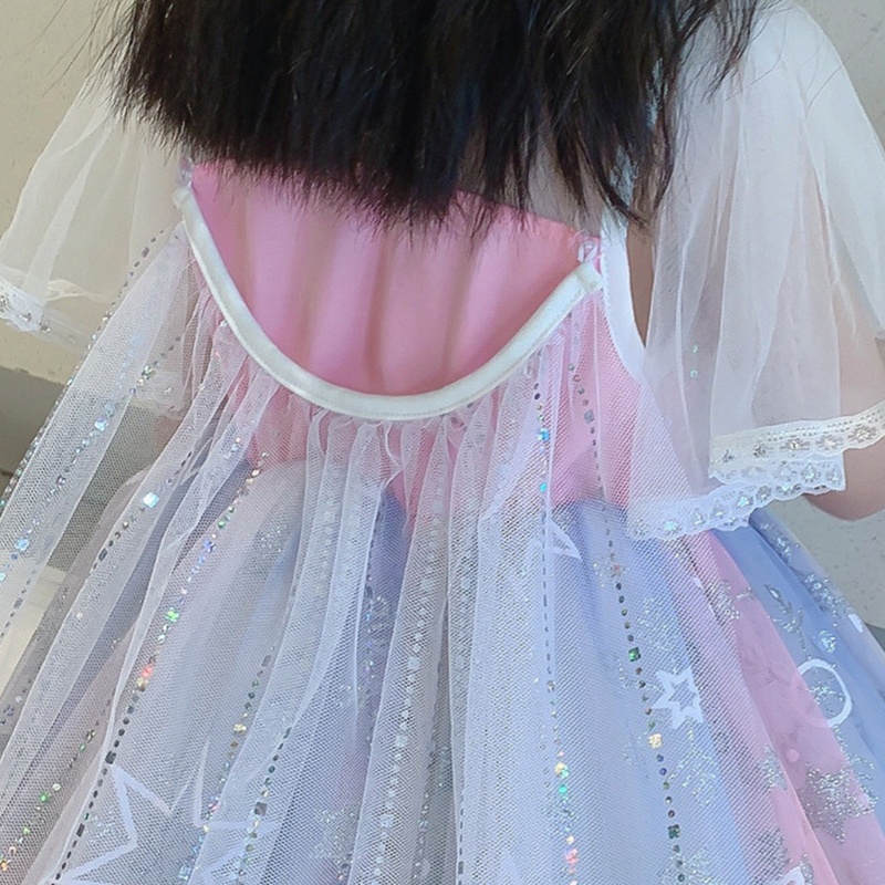 Đầm Công Chúa Tay Ngắn Đính Kim Sa Lấp Lánh Màu Cầu Vồng Xinh Xắn Cho Bé Gái