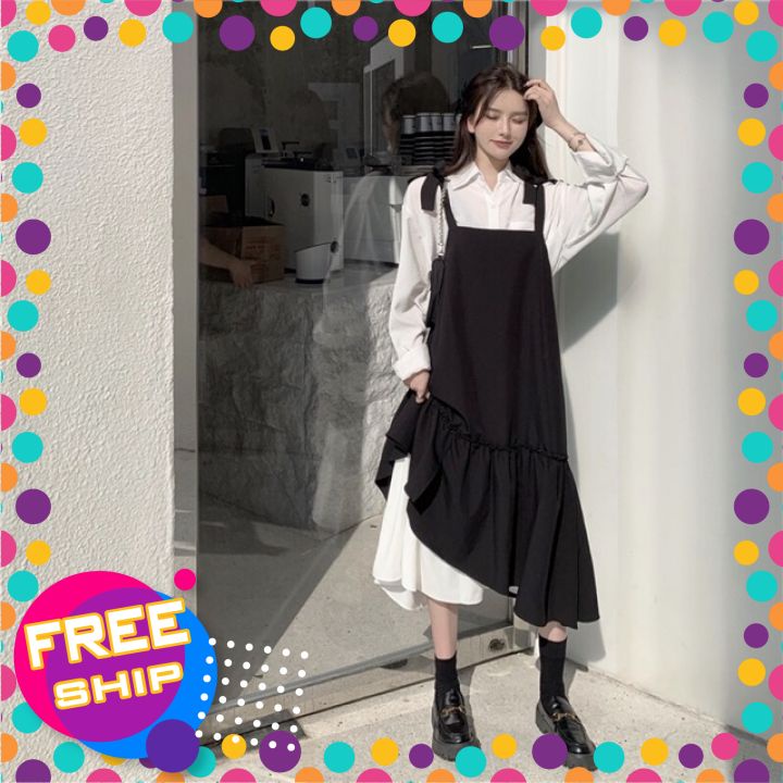 Set Sơmi Trắng Yếm Đen Đuôi Cá Freesize Form Rộng
