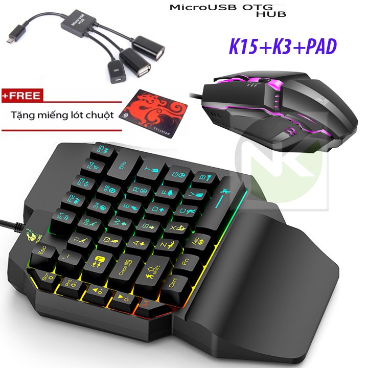 Combo Bộ Bàn Phím Giả Cơ 1 Tay FREE WOLF K15 + Chuột LED Nhiều Màu + Cổng OTG "MICRO"  ( Tặng Thêm Lót Chuột ) - NK | BigBuy360 - bigbuy360.vn