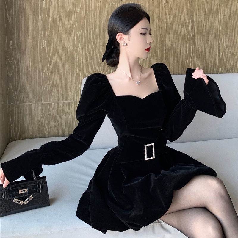 Đầm Nhung Đen Nhấn Eo Size Lớn Thời Trang Pháp Cho Nữ