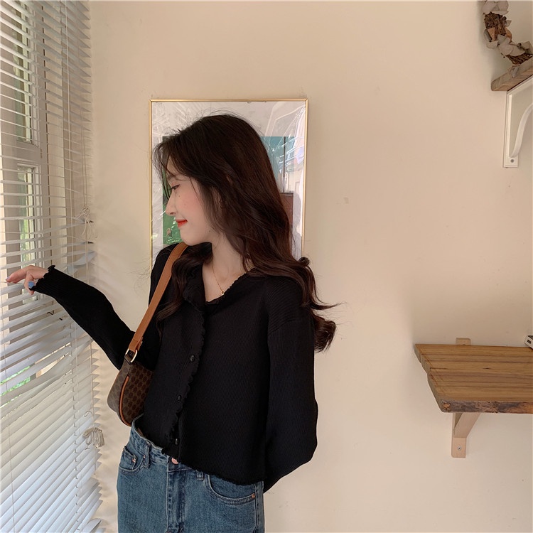 NUZIRO  Áo cardigan croptop  tay dài cổ tròn dệt kim phong cách Hàn Quốc đáng yêu dành cho nữ