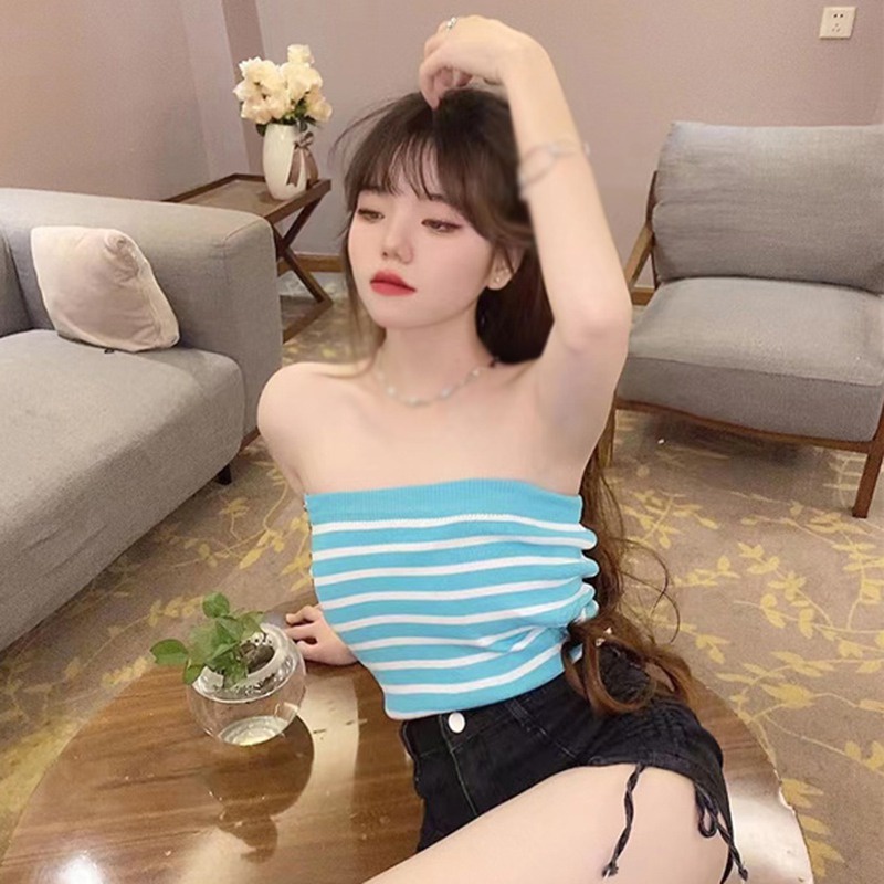 Áo Ống Ngắn Một Bên Vai Họa Tiết Kẻ Sọc Cho Nữ