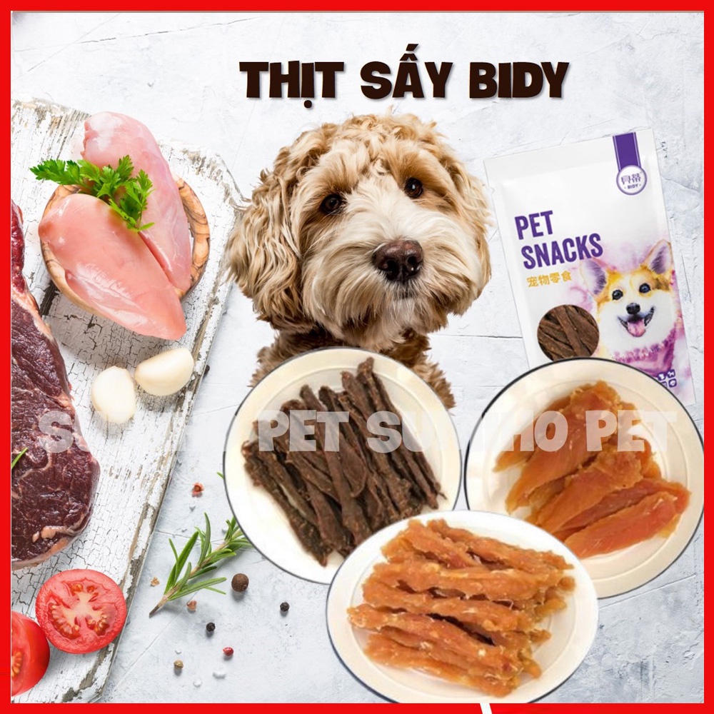 [Mã PET50 giảm 10% - tối đa 50K đơn 250K] Thịt sấy nguyên chất Bidy túi 110gr (Phi lê bò, gà, vịt) bánh thưởng cho chó