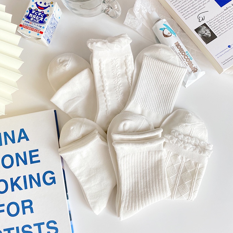 Tất Cổ Cao Hàn Quốc,  Vớ Nữ Cổ Cao Màu Trắng Phong Cách Lolita Chất Vải Hàn Co Giãn Tốt Thoáng Khí