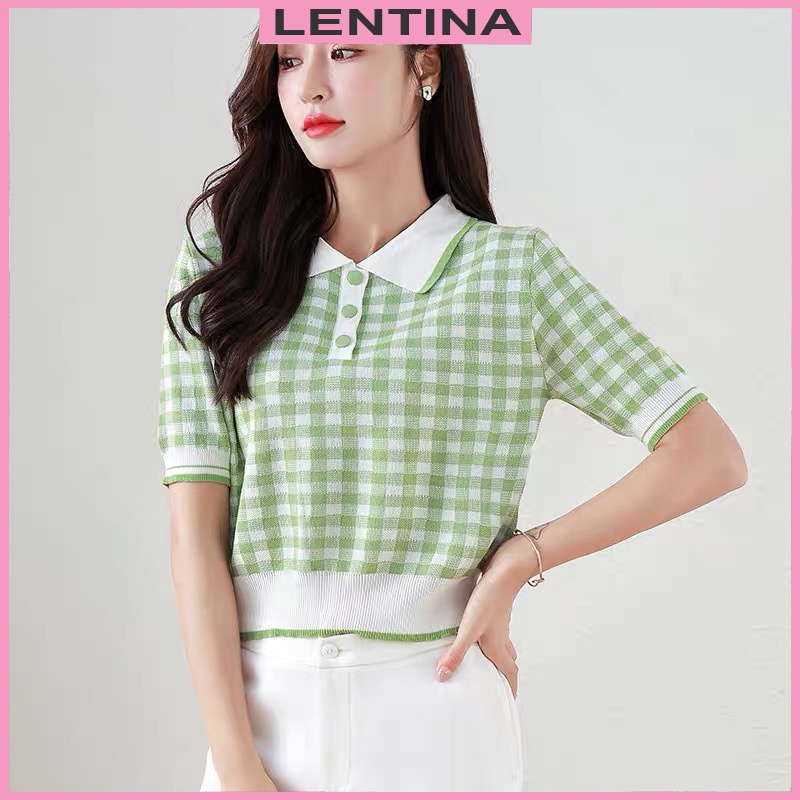 Áo caro polo len mongtoghi nữ tay ngắn form dáng rộng kiểu cổ bẻ phối màu phong cách thời trang Hàn Quốc trẻ trung