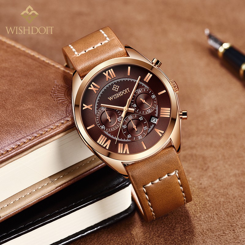 【Official product】WISHDOIT Multifunction Three-eye chronograph Sports waterproof swim watches Leisure Leather watch Popular watches Calendar function Quartz watch Student personality watch