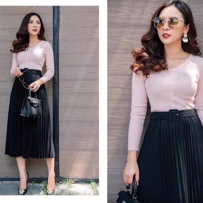 Chân váy xếp ly dài kèm đai - Dáng dài - Ly nhỏ - Kiểu chân váy xòe xếp ly dài nữ Công sở sinh viên | BigBuy360 - bigbuy360.vn