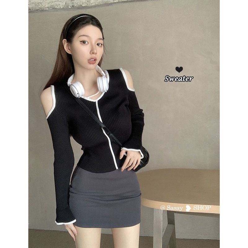 QADCOL  Áo Len Lửng Tay Dài Cổ Chữ V Hở Vai Thời Trang Dành Cho Nữ