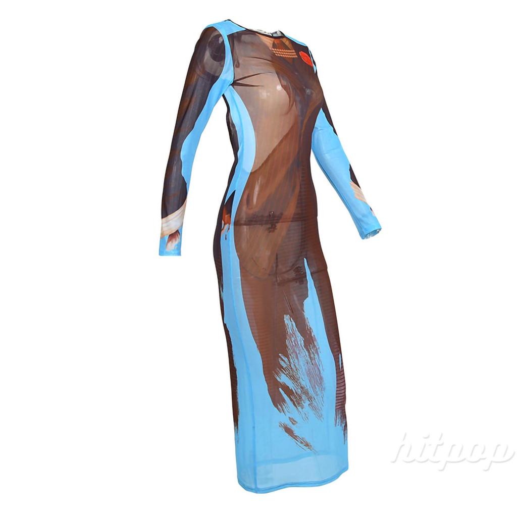 Hitpop-Women Summer Dress, Printed Long Sleeve Crew Neck Sheer Backless Long Dress, Ladies Tie-Up Perspective Party