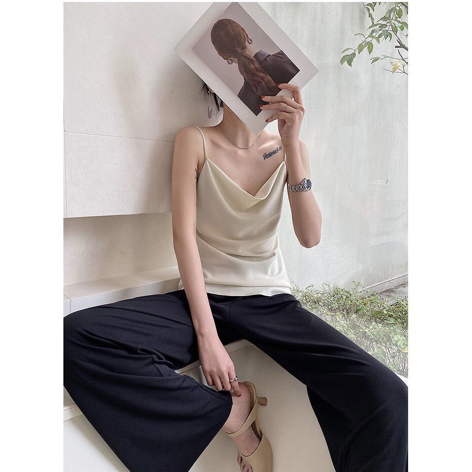 Áo lụa 2 dây cổ đổ Luala có tăng đơ điều chỉnh, chất liệu satin mền mịn phong cách hàn quốc sang chảnh màu trơn đơn giản