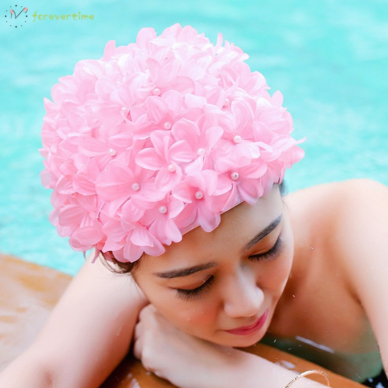 #mũ# Women 3D Petal Swim Hat Bath Cap Ladies Swimming Pool Flower Hats