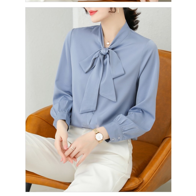 Áo Sơ Mi Kiểu Công Sở Đẹp CHIPY Tay Dài Cổ Thắt Nơ Màu Xanh Chất Lụa Cao Cấp From Rộng Hàn Quốc Ulzzang Vintage A1X | BigBuy360 - bigbuy360.vn