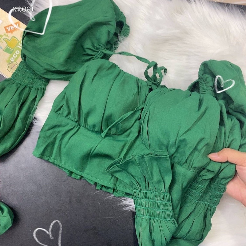h7-áo croptop xanh lá cúp bo thun