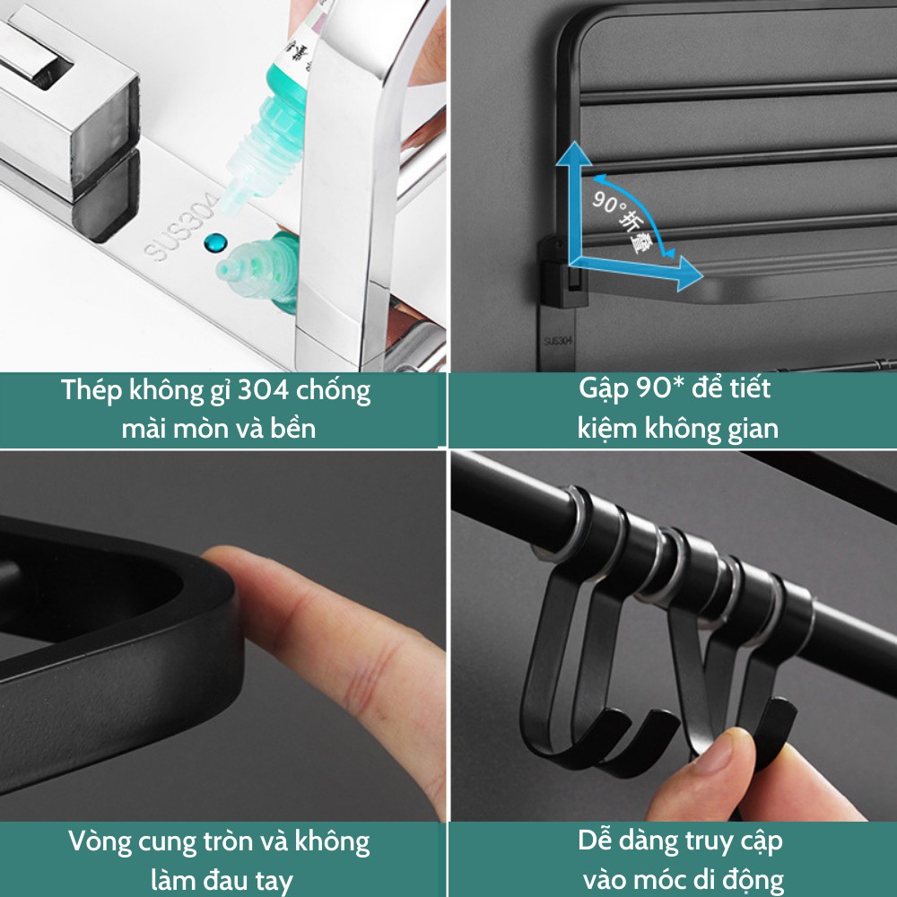 Kệ Nhà Tắm, Kệ Để Đồ Nhà Tắm, Kệ Treo Khăn Nhà Tắm Dán Tường Inox Không Gỉ Có Thể Gập Gọn Tiện Lợi TIME HOME