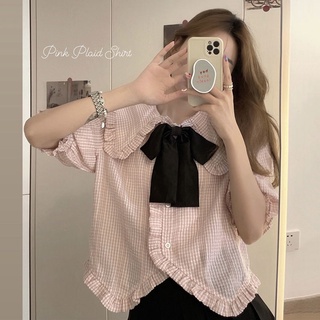 Áo sơ mi tay phồng đính nơ xinh xắn cho nữ