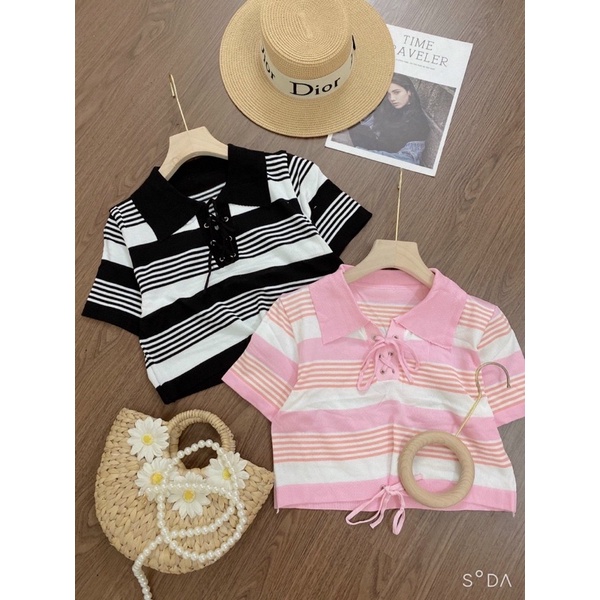 Áo len polo kẻ dáng croptop đan dây, Áo kiểu len cổ bẻ form ngắn AL6563 - NhiNhi Shop