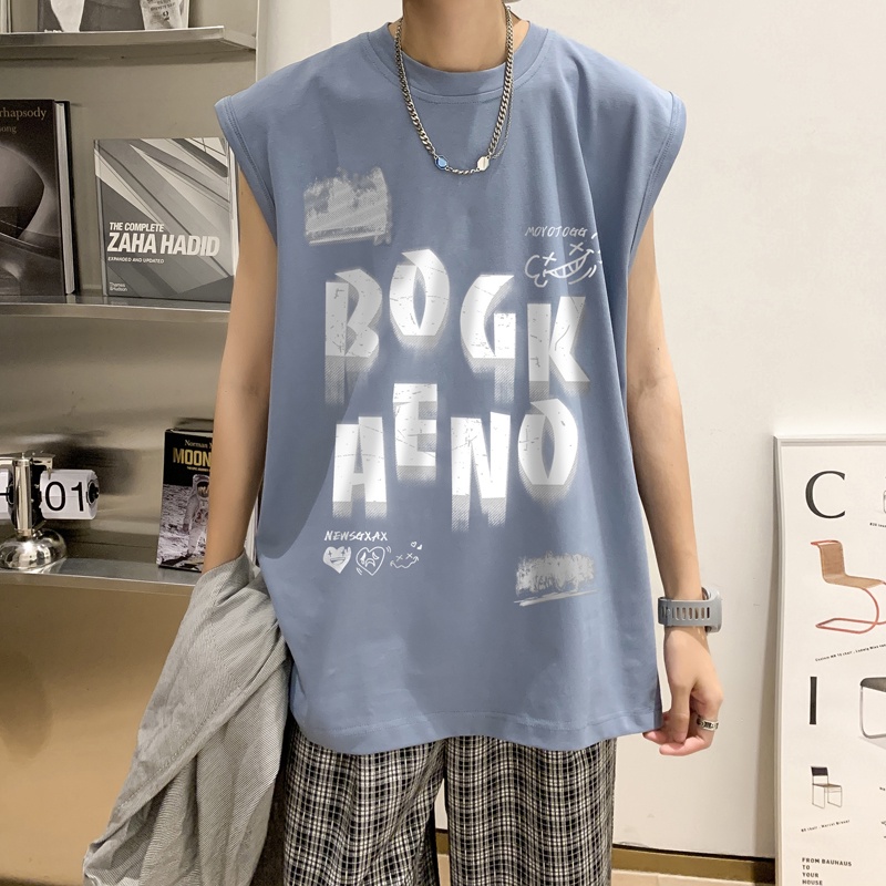 Áo thun cotton IFNICEFUTURE sát nách dáng suông in họa tiết thời trang phong cách Hồng Kông cho nam
