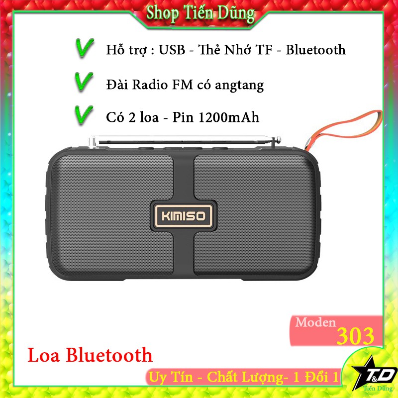 loa bluetooth kimiso KMS-303 chạy thẻ nhớ TF , cổng USB đài FM- Loa mini có ăng teng để nghe đài