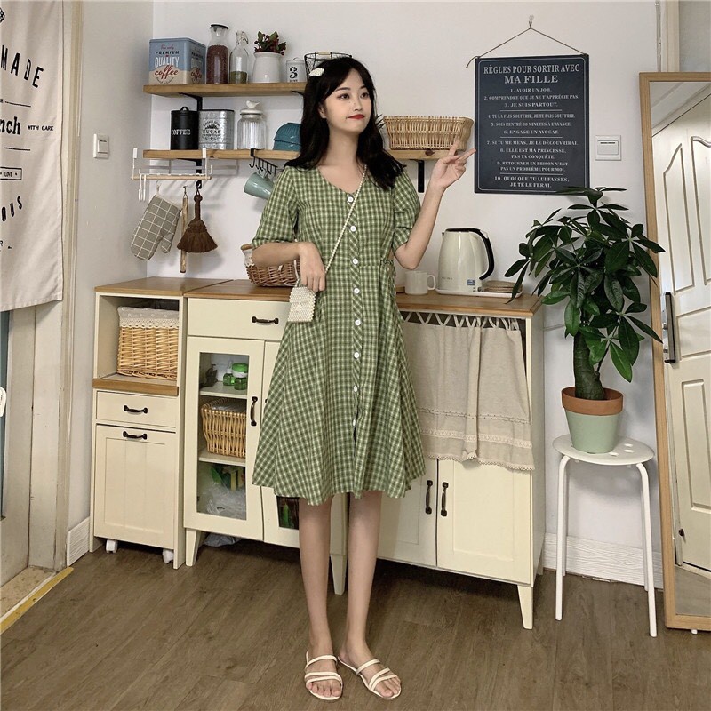 SET VÁY ĐÔI - VÁY KẺ CÚC CÀI BUỘC NƠ EO XANH VÀNG - VÁY CARO DÚM NGỰC NƠ SAU VÀNG XANH ULLZANG