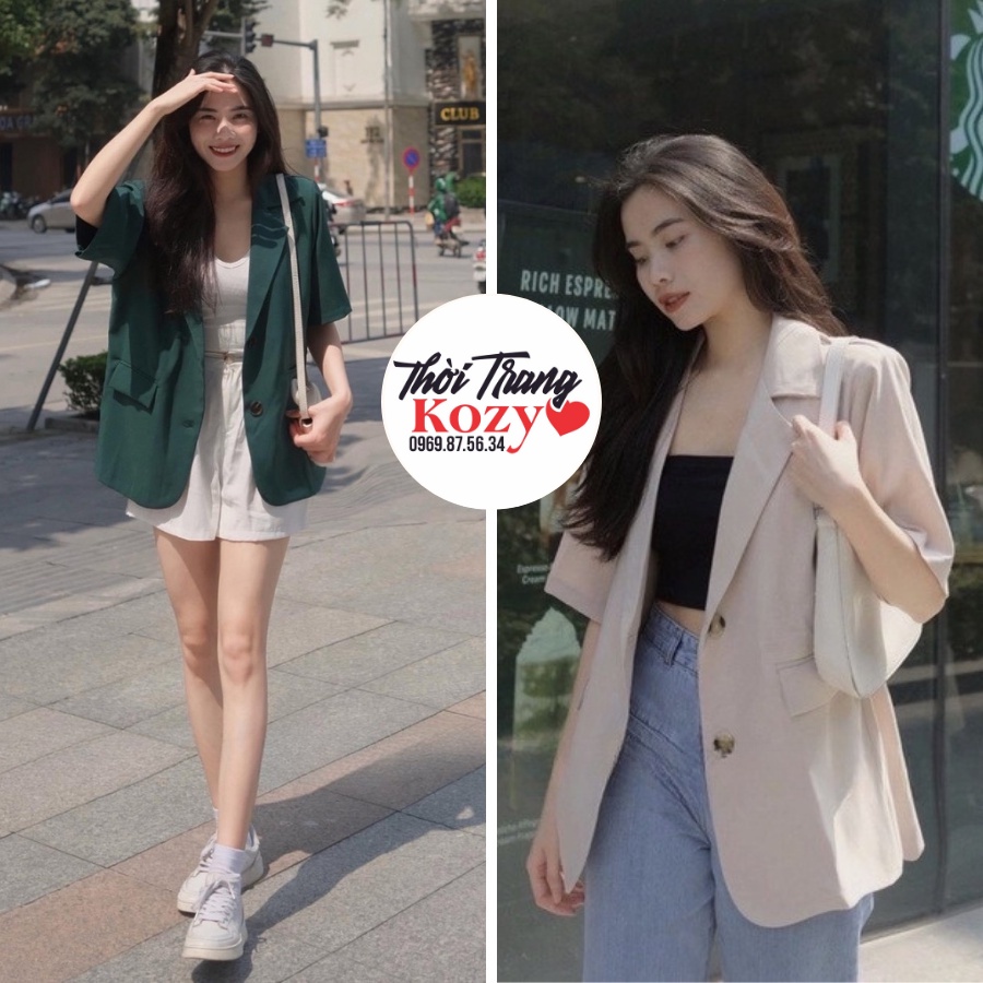 ÁO BLAZER Ulzzang CỘC TAY NGẮN, ÁO VEST KHOÁC NGOÀI PHONG CÁCH HÀN QUỐC BE, ĐEN, XANH, NÂU ĐỆM VAI VÀ CÓ SIZE S, M