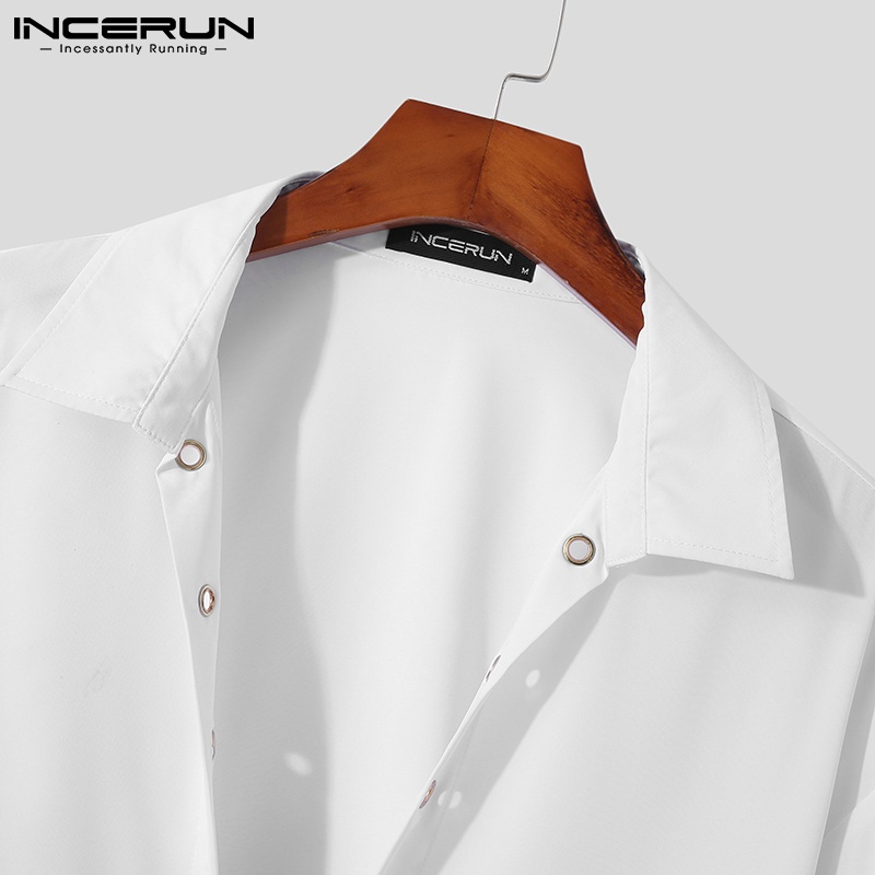 Áo sơ mi INCERUN tay dài màu trắng cổ chữ V thời trang dành cho nam