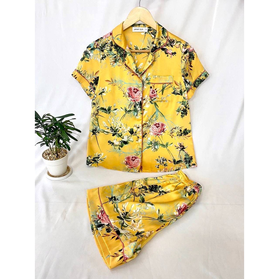 JAPAN SILK - Bộ cộc pijama lụa Nhật họa tiết lá cành duyên dáng