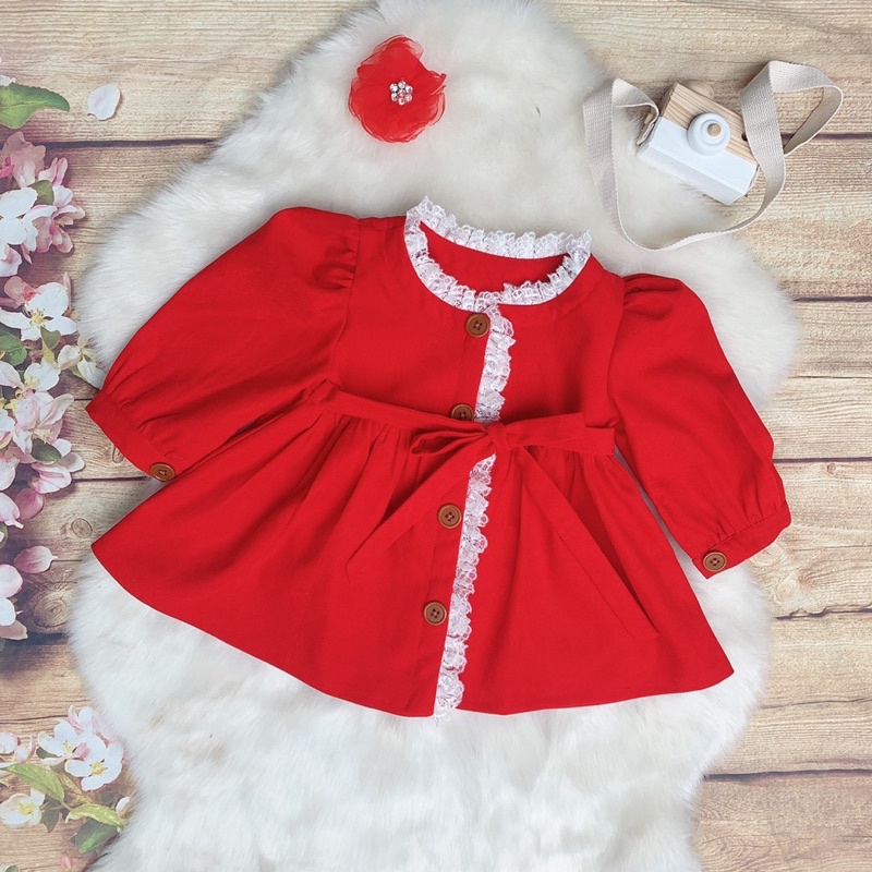 Váy Bé Gái Thu Đông Đỏ Kẹp Ren Trắng Nổi Bật, Váy Trẻ Em Thiết Kế TUTA Baby