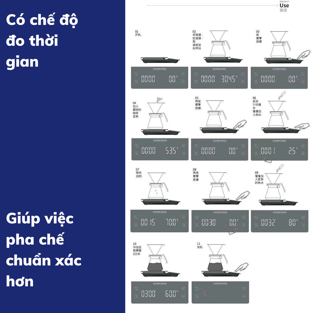 Cân tiểu ly pha cà phê có bộ đếm giờ EK6012 cân tiểu li pha cafe định lượng 0,1g-3kg độ chính xác cao tặng kèm pin AAA