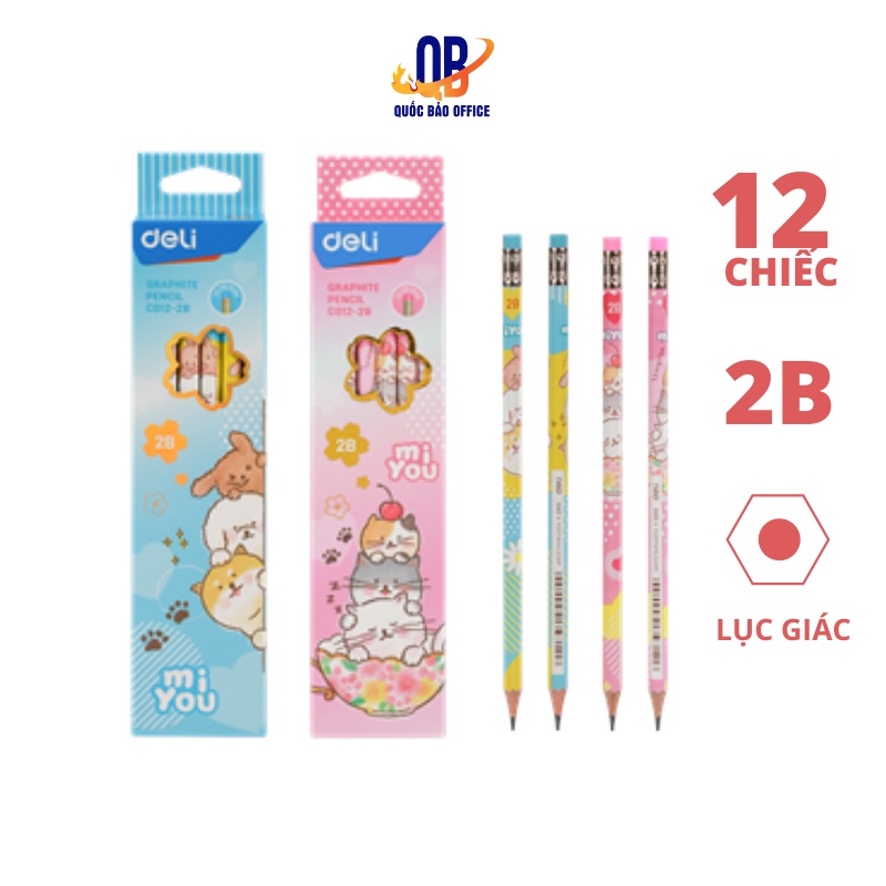 Bút chì 2B Deli - Viết chì hình hoạt hình - Màu xanh/ hồng- 12 chiếc/ hộp - C012