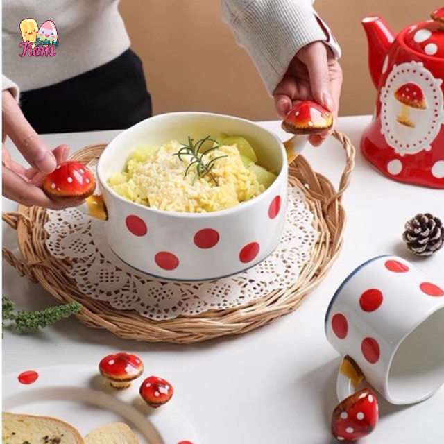 Ấm trà, cốc hình nấm, đĩa, tô sứ có tay cầm hình nấm đáng yêu