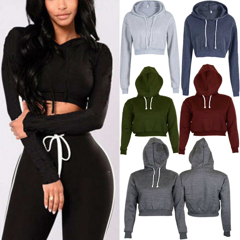 Áo hoodie kiểu croptop tay dài có mũ trùm đầu màu trơn dành cho nữ