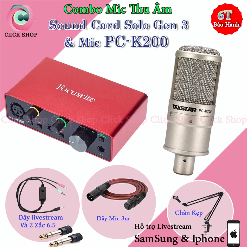 Mic Thu Âm Cao Cấp Takstar PC K200 và Sound card Focusrite Scarlett Solo Gen 3 Chân kẹp dây livestream MA2 dây mic 3m