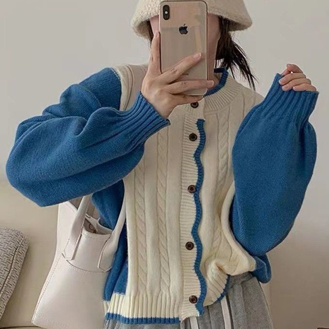Áo Khoác Cardigan Dệt Kim Màu Sắc Tương Phản Phong Cách Vintage Cho Nữ