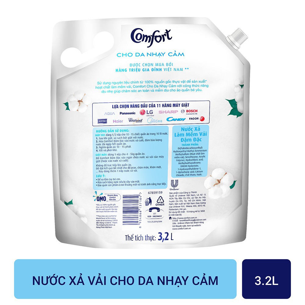 Nước Xả Vải Comfort Đậm Đặc Cho Da Nhạy Cảm Túi 3.2L